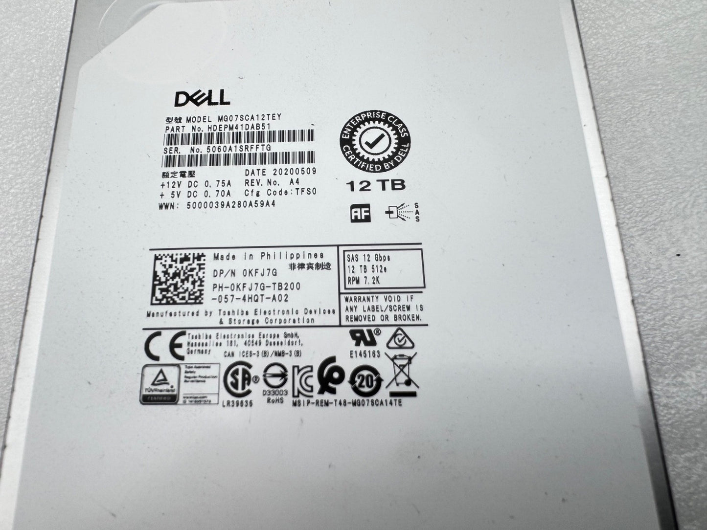 MG07SCA12TEY KFJ7G Dell EMC 12TB 7.2K RPM 12Gb/s 3.5" SAS Hard Drive Toshiba