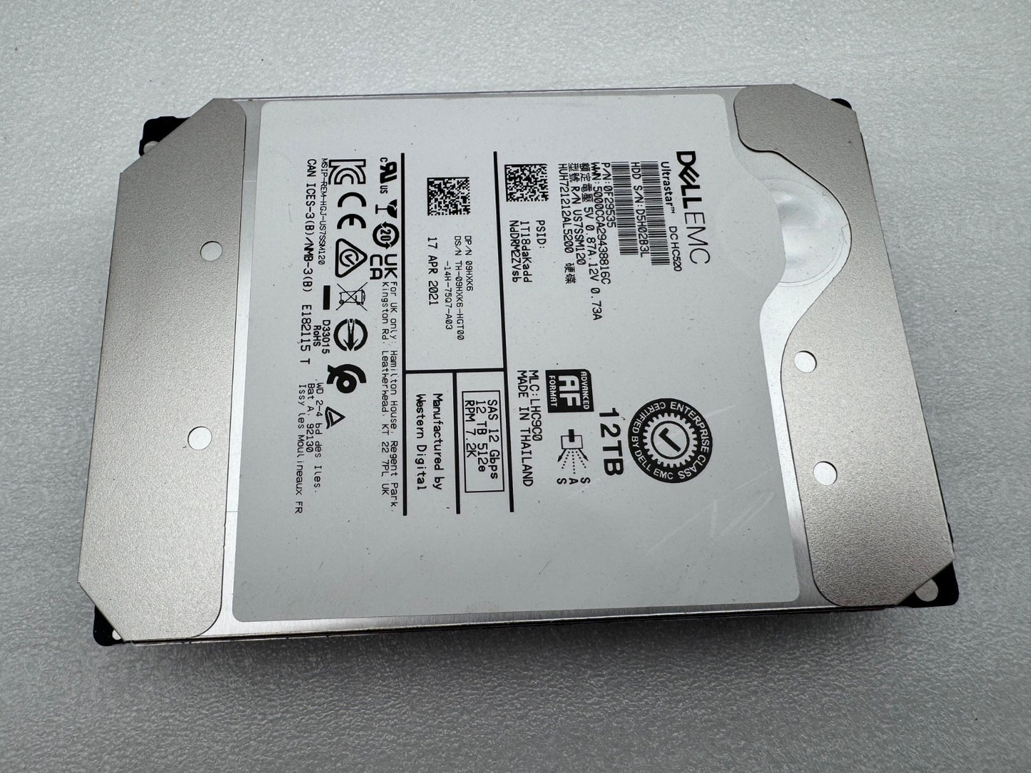 09HXK6 HUH721212AL5200 Dell EMC 12TB 7.2K RPM 12Gb/s 3.5" SAS Hard Drive WD HGST