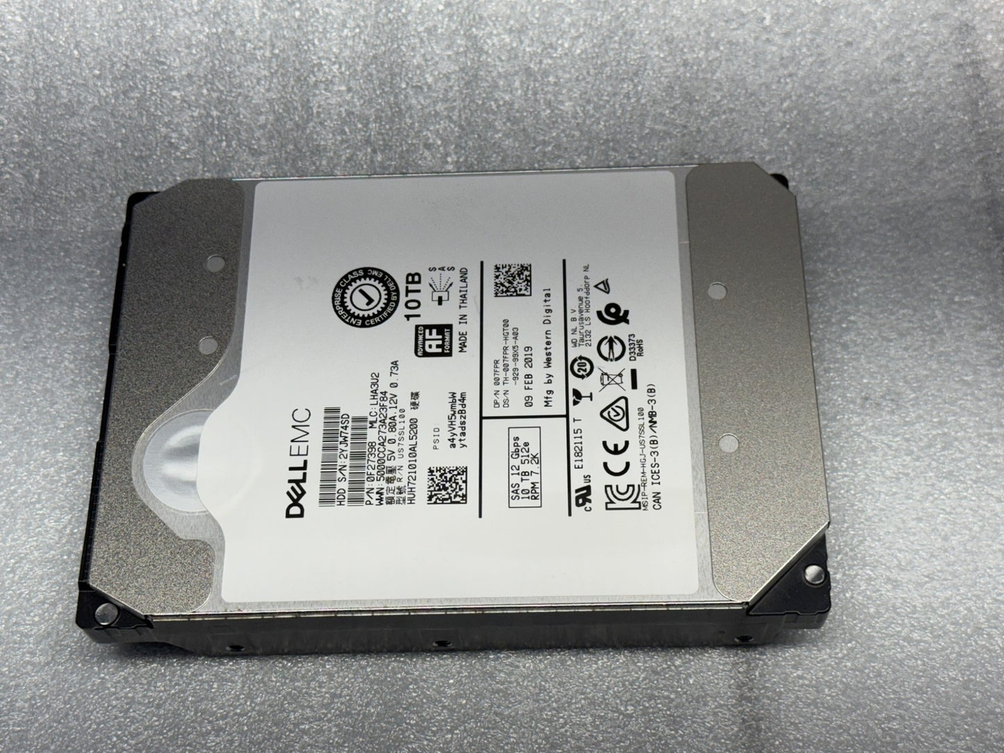 07FPR HUH721010AL5200 Dell EMC 10TB 7.2K RPM 12Gb/s 3.5" SAS Hard Drive WD HGST
