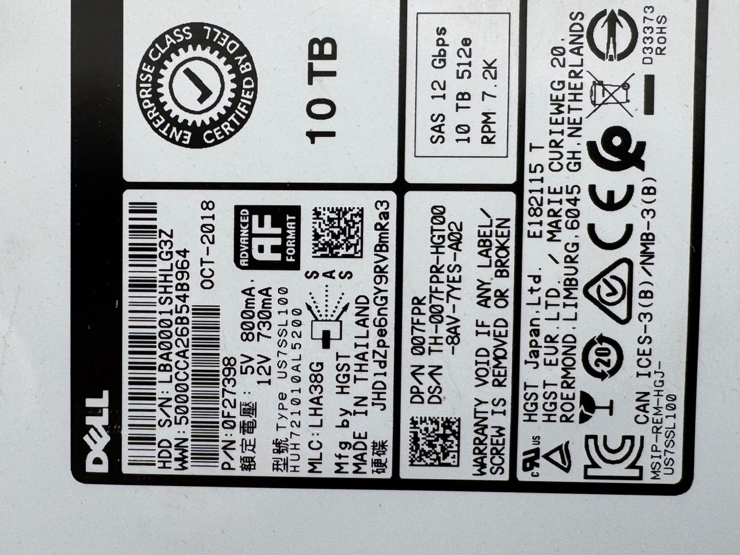 Dell 07FPR HUH721010AL5200 10TB 7.2K RPM 12Gb/s 3.5" SAS Hard Drive 0F27398 HDD