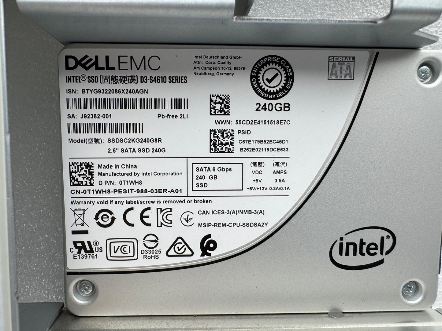 Dell EMC T1WH8 Intel 240GB 2.5" SSDSC2KG240G8R SSD w 3.5" tray Solid State Drive