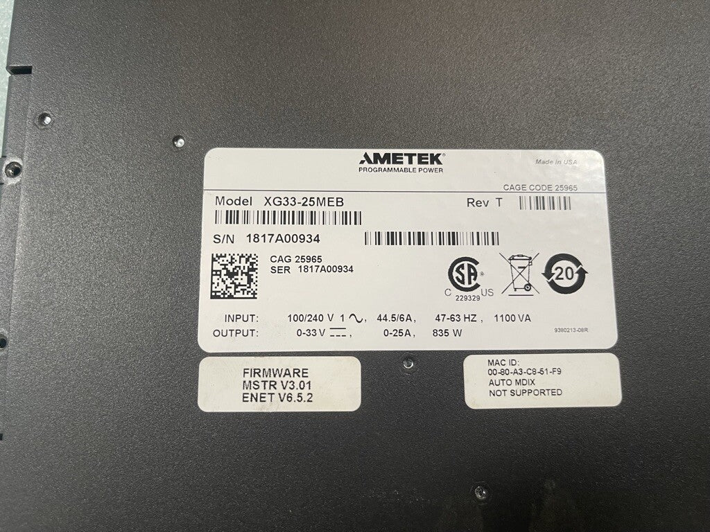 Sorensen Amtek XG33-25MEB Programmable DC Power Supply 0-33V, 0-25A 835W