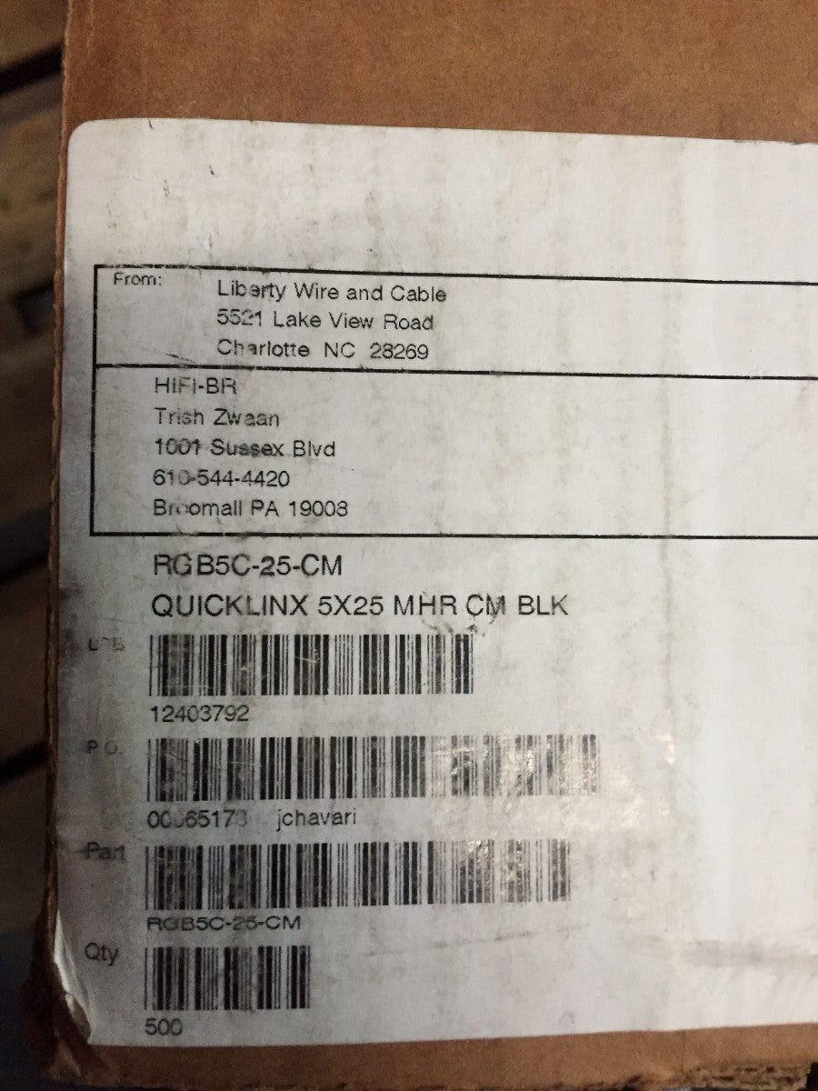 500ft Liberty Wire & Cable RGB5C-25-CM Black QUICKLINX 5X25 MHR CM BLK in BOX