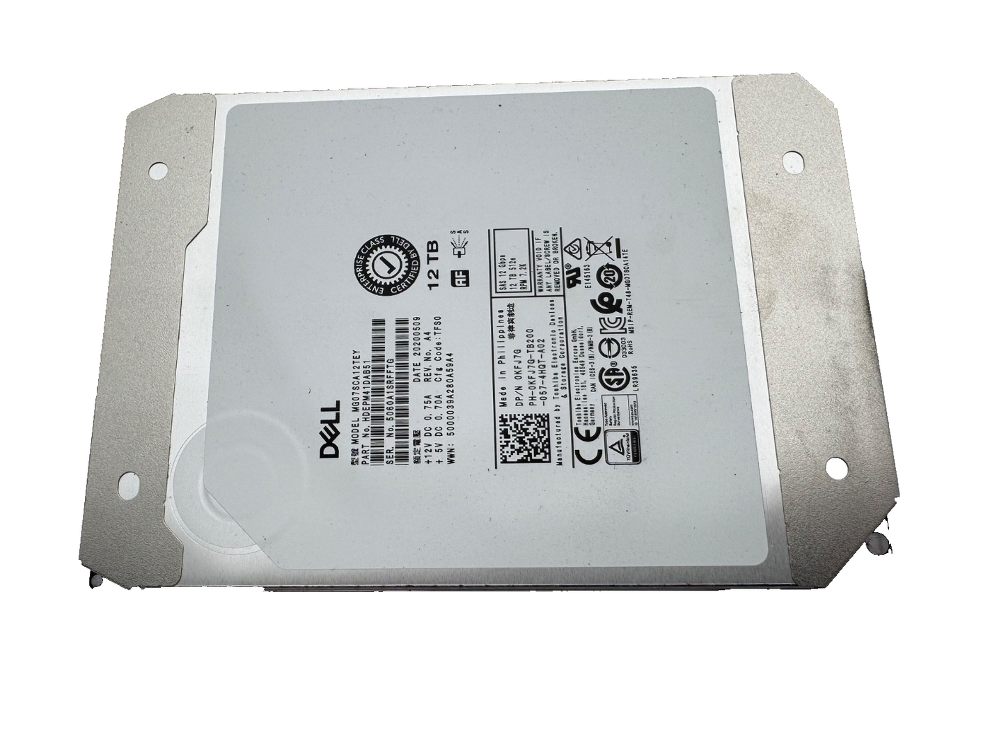 MG07SCA12TEY KFJ7G Dell EMC 12TB 7.2K RPM 12Gb/s 3.5" SAS Hard Drive Toshiba