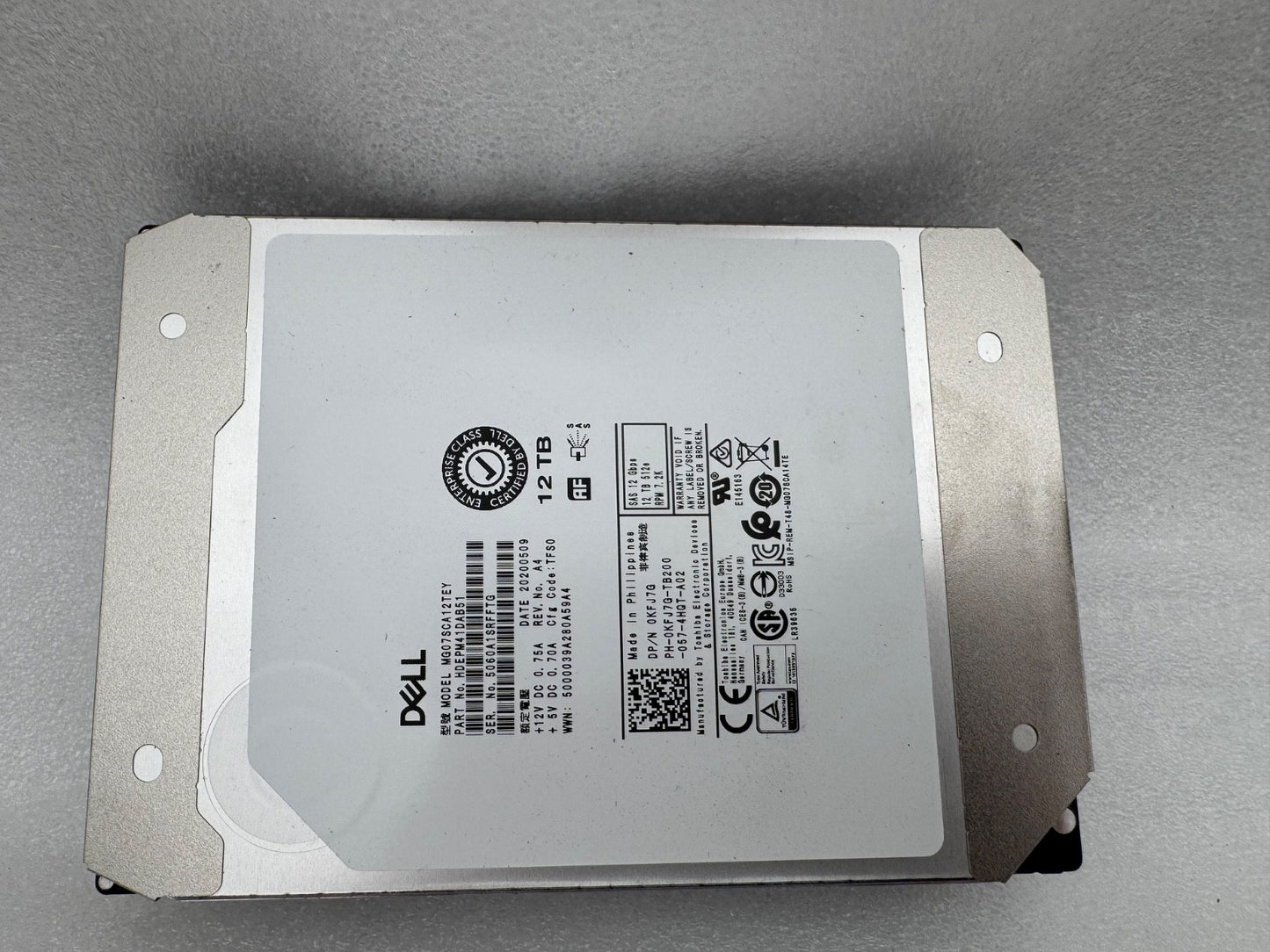 MG07SCA12TEY KFJ7G Dell EMC 12TB 7.2K RPM 12Gb/s 3.5" SAS Hard Drive Toshiba