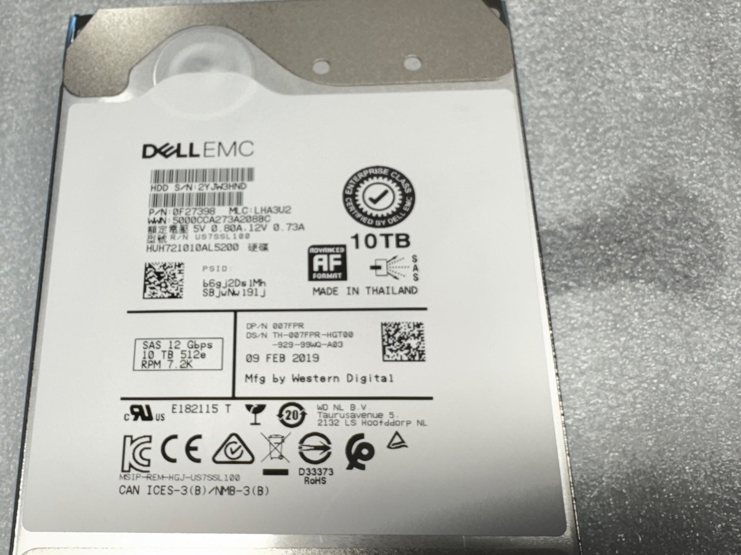 Dell EMC 07FPR HUH721010AL5200 10TB 7.2K RPM 12Gb/s 3.5" SAS Hard Drive 14G Tray
