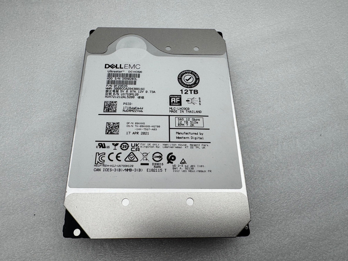 09HXK6 HUH721212AL5200 Dell EMC 12TB 7.2K RPM 12Gb/s 3.5" SAS Hard Drive WD HGST