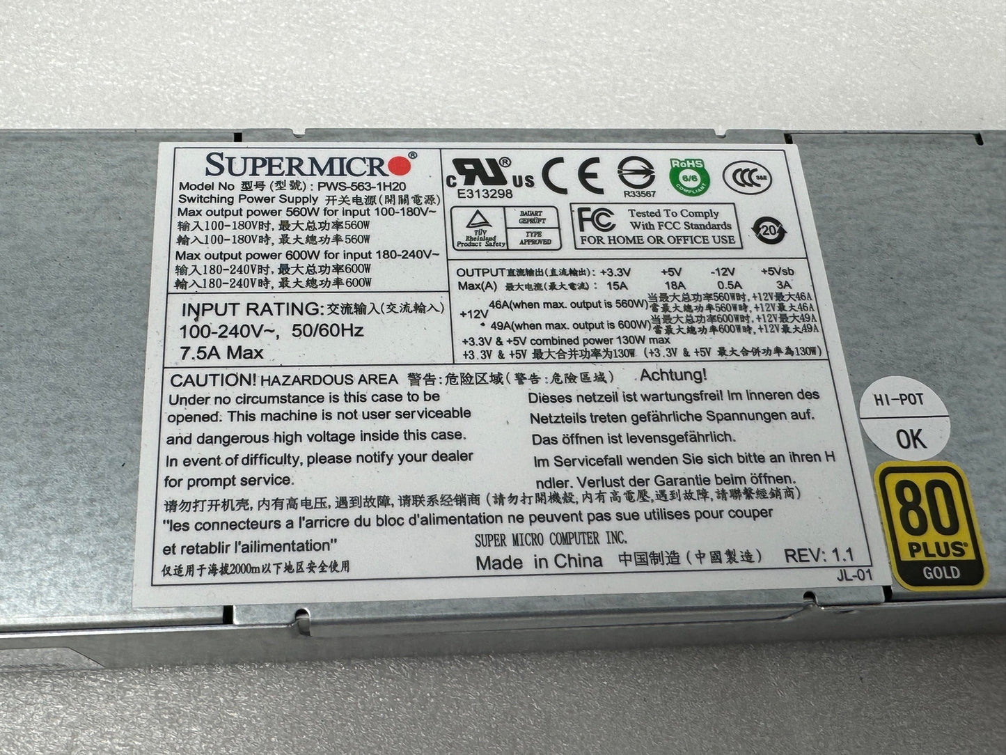 Supermicro PWS-563-1H20 560W/600W Gold Power Supply PSU TESTED