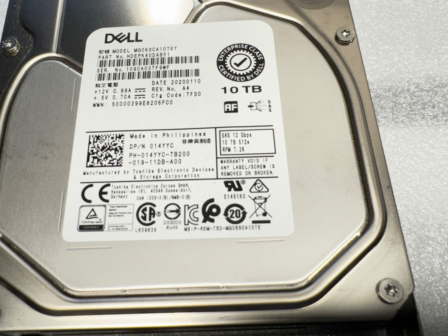 Dell 14YYC HDEPK40DAB51 Toshiba 10Tb SAS 7.2k 12Gbps 3.5" Hard Drive w 14G Tray