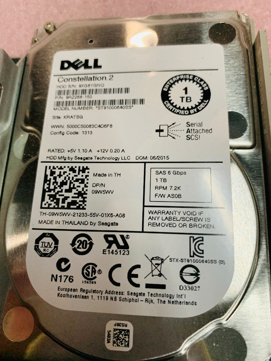 9W5WV DELL 1TB 7.2K 6G SFF SAS Hard Drive HDD w LFF 3.5" tray WWGPK 2.5" adapter
