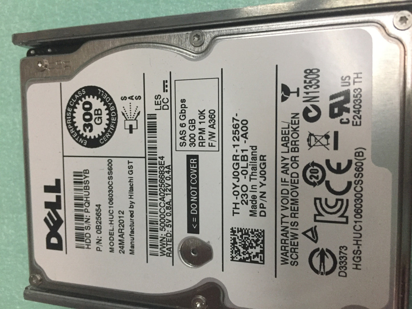 YJ0GR 0YJ0GR 0B25654 DELL 300GB 10K 6G SFF 2.5'' SAS DP HDD HARD DRIVE w Tray