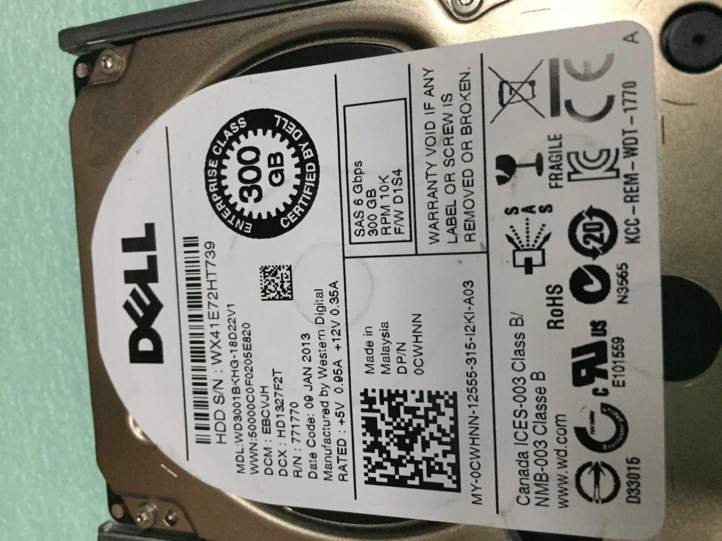 Dell WD3001BKHG CWHNN Western Digital 300GB 10K 6Gbps SAS SFF 2.5" HDD w TRAY