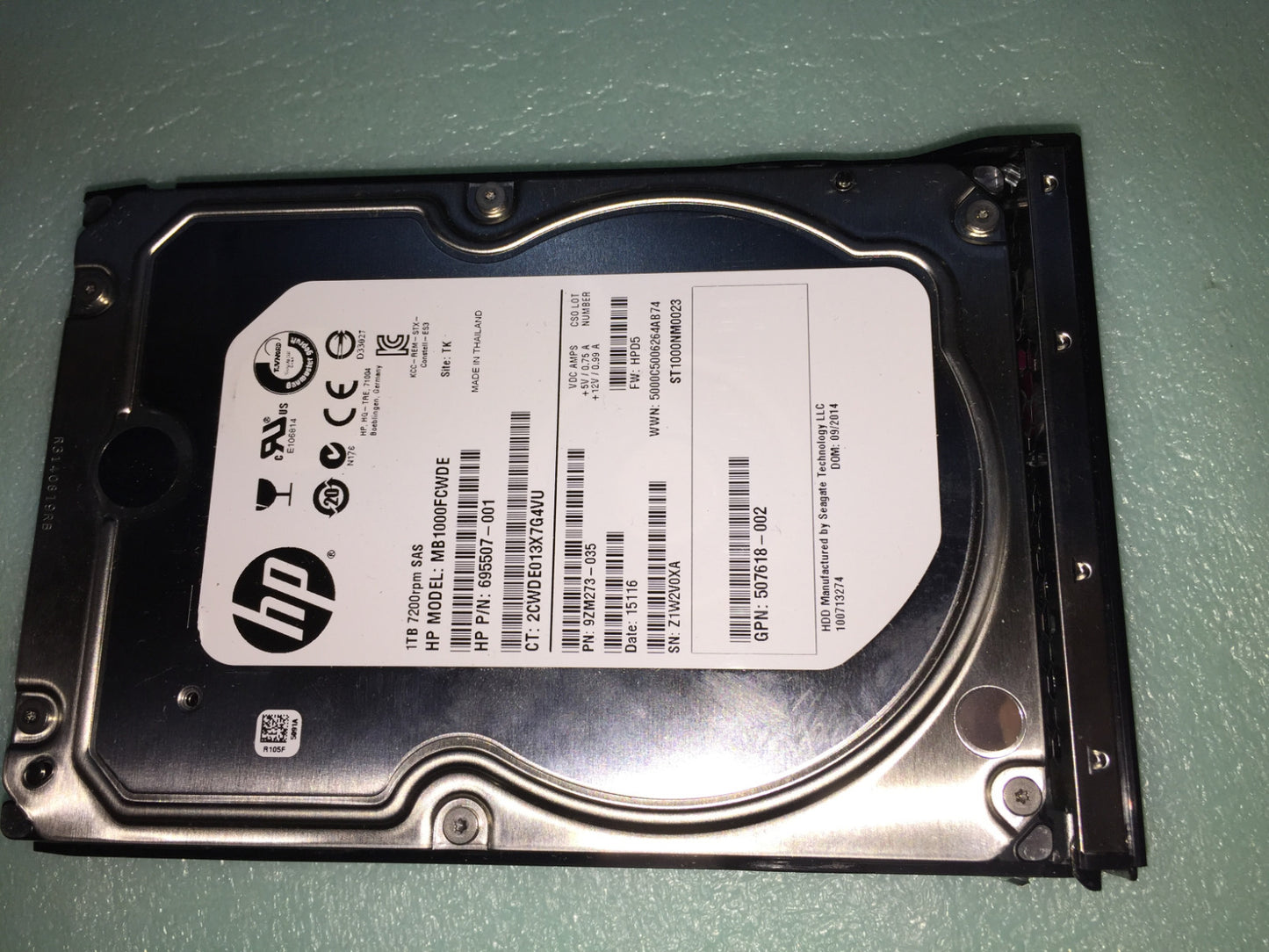 HP 1TB 7.2K 3.5 6G SAS Hard Drive 695507-001 MB1000FCWDE ST1000NM0023 Tray Gen9