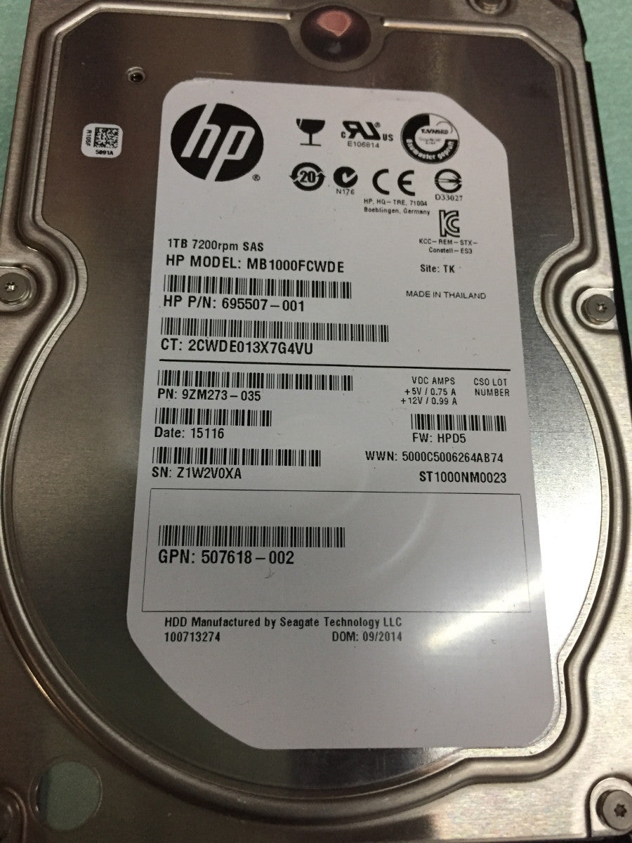 HP 1TB 7.2K 3.5 6G SAS Hard Drive 695507-001 MB1000FCWDE ST1000NM0023 Tray Gen9