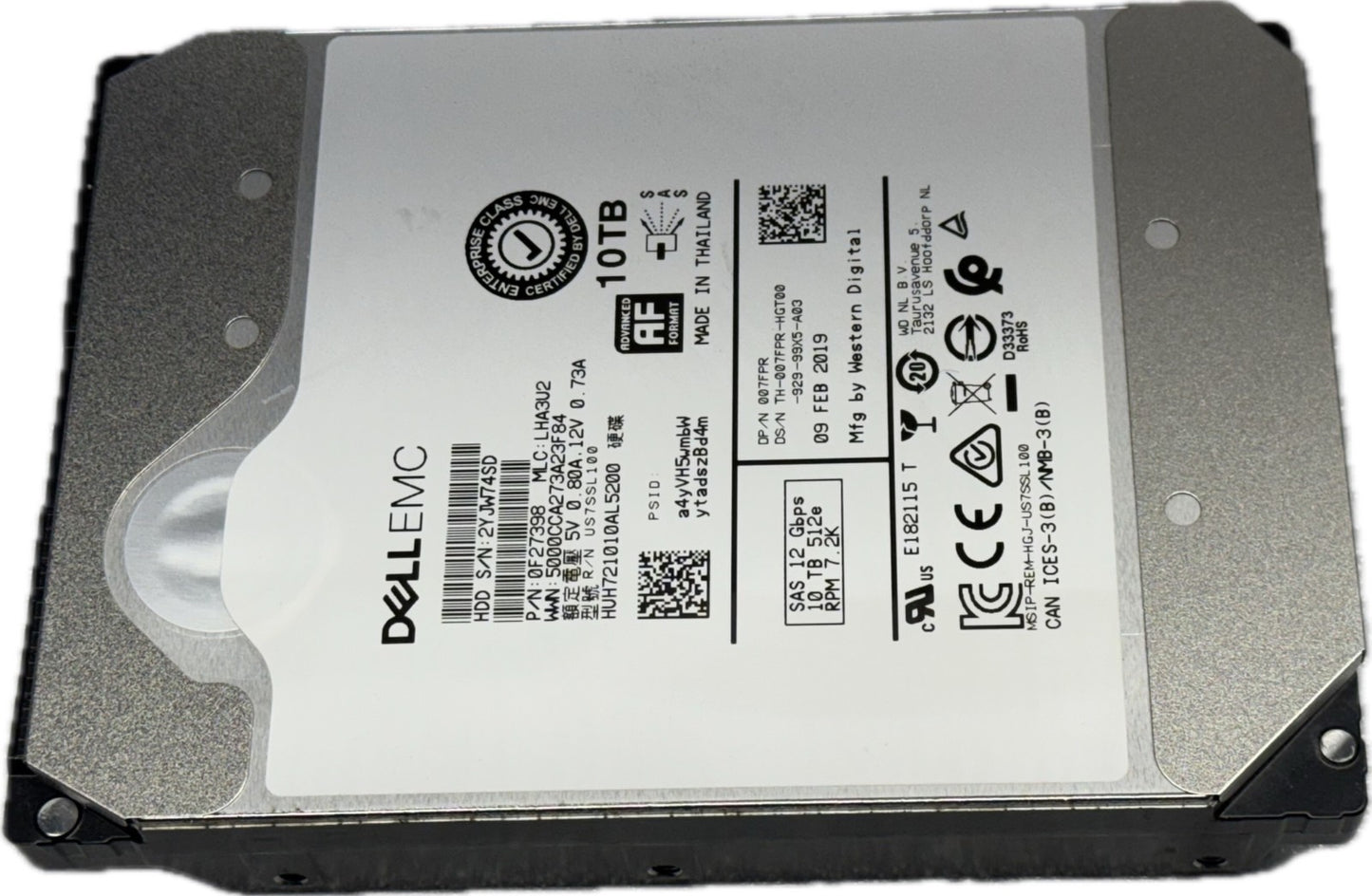 07FPR HUH721010AL5200 Dell EMC 10TB 7.2K RPM 12Gb/s 3.5" SAS Hard Drive WD HGST