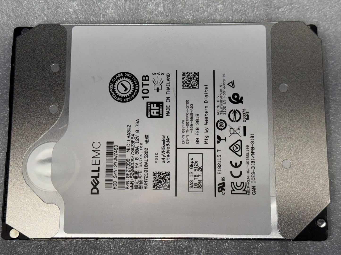 07FPR HUH721010AL5200 Dell EMC 10TB 7.2K RPM 12Gb/s 3.5" SAS Hard Drive WD HGST