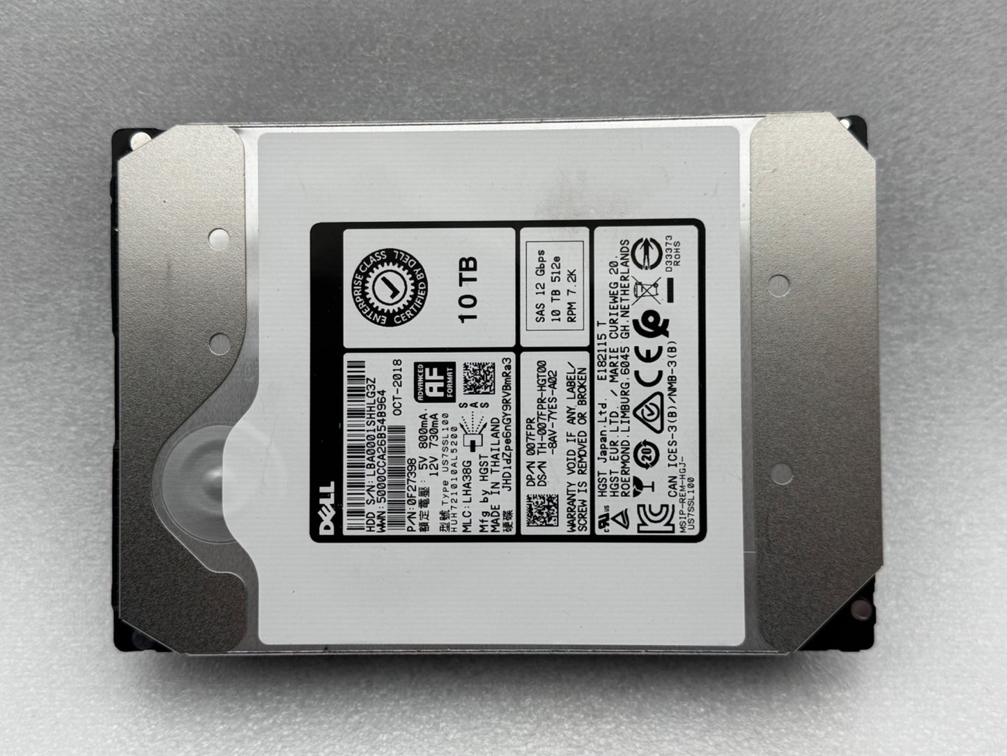 Dell 07FPR HUH721010AL5200 10TB 7.2K RPM 12Gb/s 3.5" SAS Hard Drive 0F27398 HDD