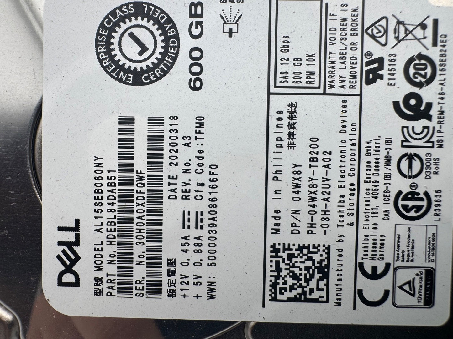 Dell Toshiba 600GB HDEBL84DAB51 10K SAS 4wx8y 3.5" 2.5 tray LFF 9w8c4 hard drive