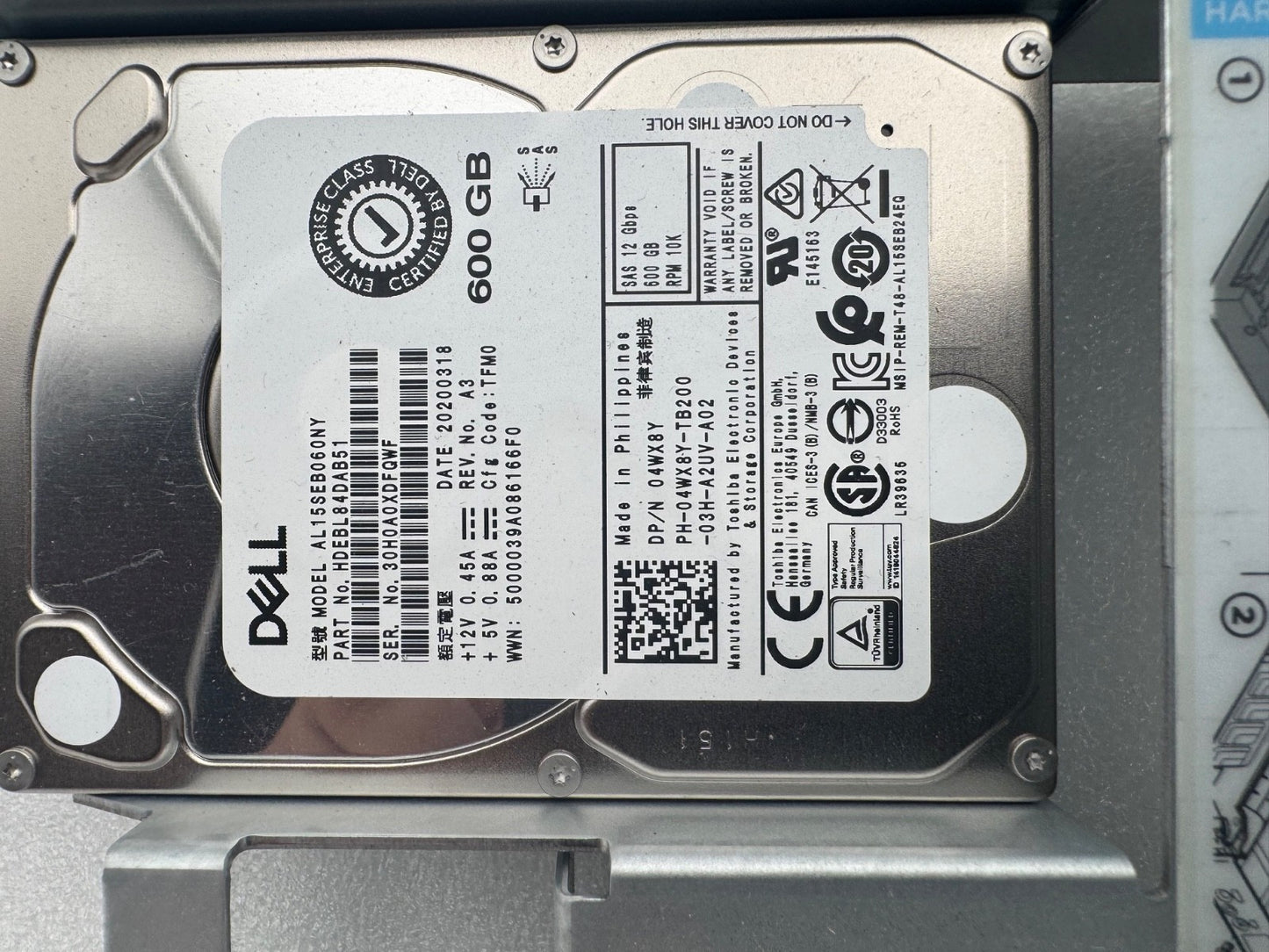 Dell Toshiba 600GB HDEBL84DAB51 10K SAS 4wx8y 3.5" 2.5 tray LFF 9w8c4 hard drive