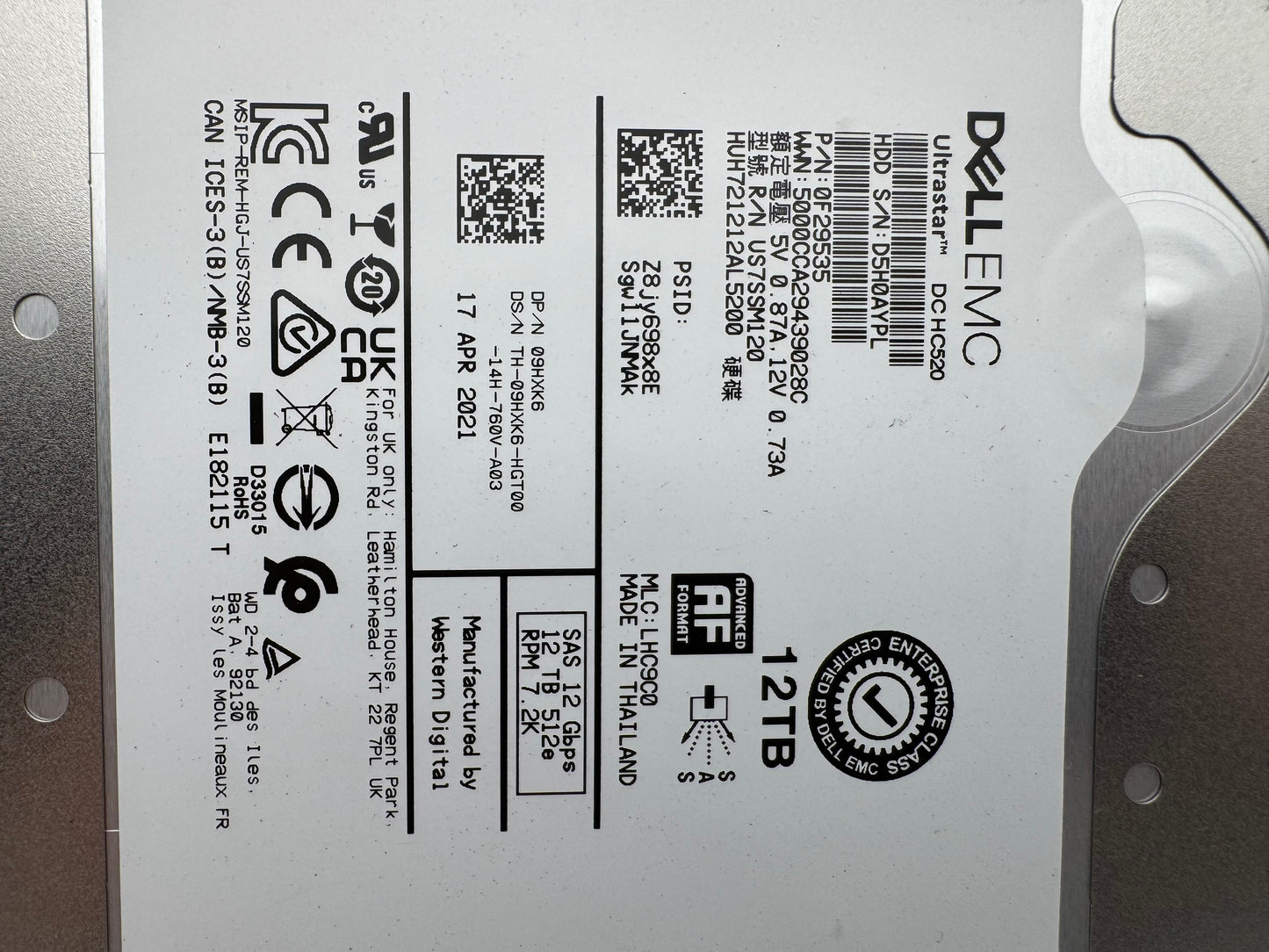 09HXK6 HUH721212AL5200 Dell EMC 12TB 7.2K RPM 12Gb/s 3.5" SAS Hard Drive WD Tray