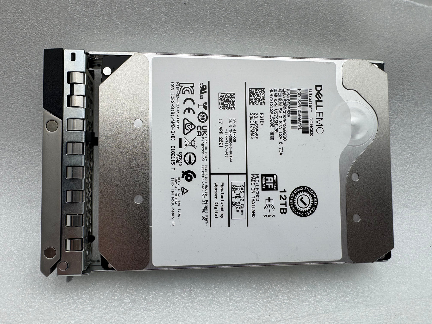 09HXK6 HUH721212AL5200 Dell EMC 12TB 7.2K RPM 12Gb/s 3.5" SAS Hard Drive WD Tray