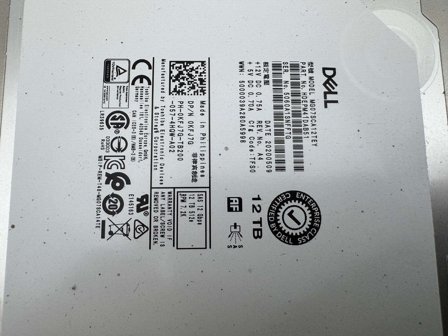 MG07SCA12TEY KFJ7G Dell EMC 12TB 7.2K RPM 12Gbs 3.5" SAS Hard Drive Toshiba Tray