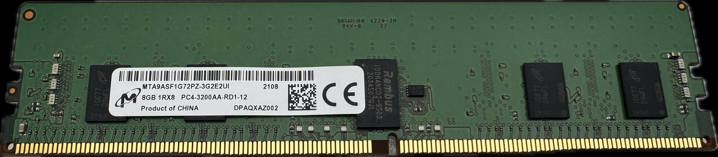 Micron 8GB 1x8gb DDR4 pc4-3200aa ECC Server Memory RAM MTA9ASF1G72PZ-3G2E2UI