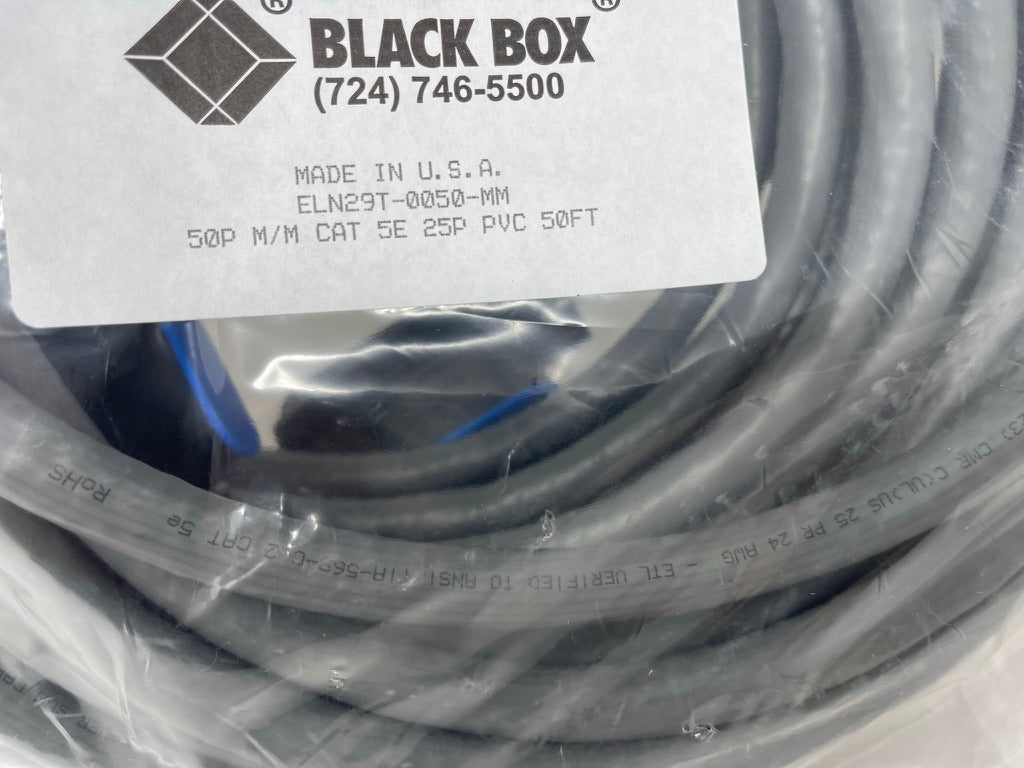 50ft CAT5E 50 PIN TELCO MALE TO MALE Black Box ELN29T-0050-MM Cat 5E 25 Pair M/M